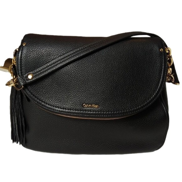 Calvin Klein Black and Gold Chain Saddle Tassel Handbag - Picture 2 of 14